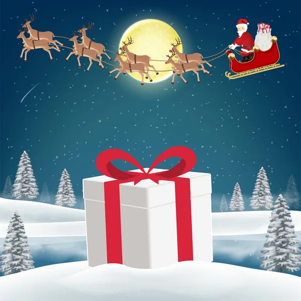 圣诞老人和驯鹿在雪地上的礼物盒 — 图库矢量图片