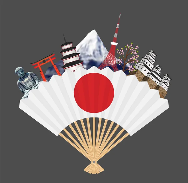 Bendera Jepang Pada Kipas Dengan Penanda Perjalanan Jepang - Stok Vektor