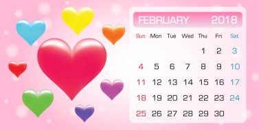 Takvim Şubat 2018 ay renkli kalp