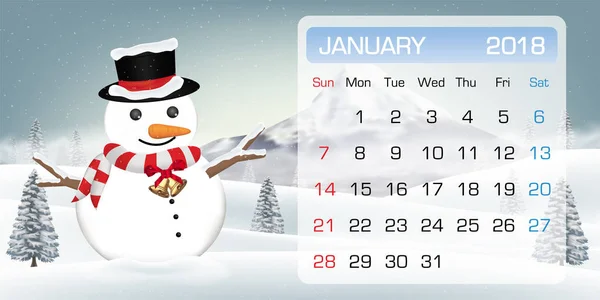 Kalender Januar 2018 Monat Schneemann Winter — Stockvektor