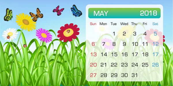 Календарь Мая 2018 Месяц Тема Цветок Бабочка — стоковый вектор