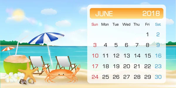 Calendrier Des Juin 2018 Thème Été Plage Relax — Image vectorielle