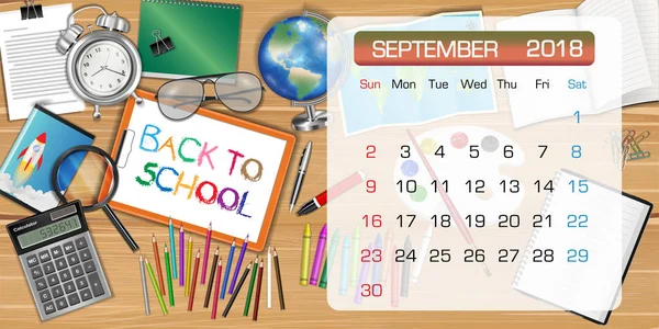 Kalender Van September 2018 Thema Terug Naar School — Stockvector