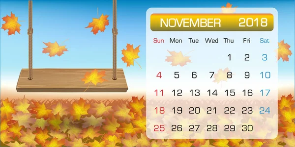 Calendar November 2018 Autumn Leaf Swing — Stock Vector