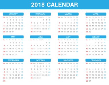 basit 2018 yıl takvim kümesi tüm ay