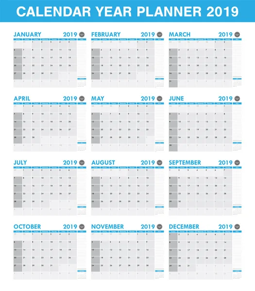 Calendrier Planificateur Année 2019 Simple Ensemble Tous Les Mois — Image vectorielle