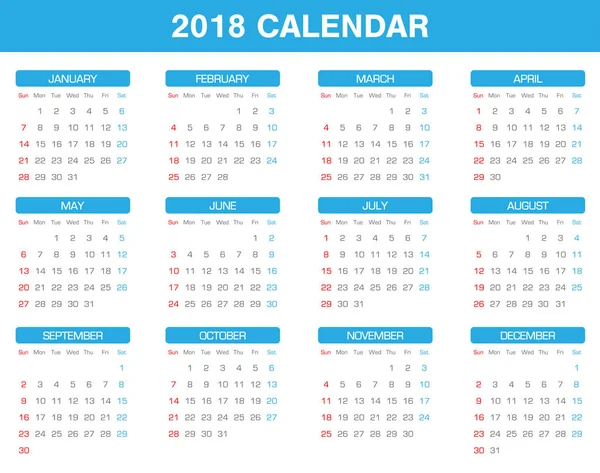 Calendário Ano 2018 Simples Conjunto Todos Meses — Vetor de Stock