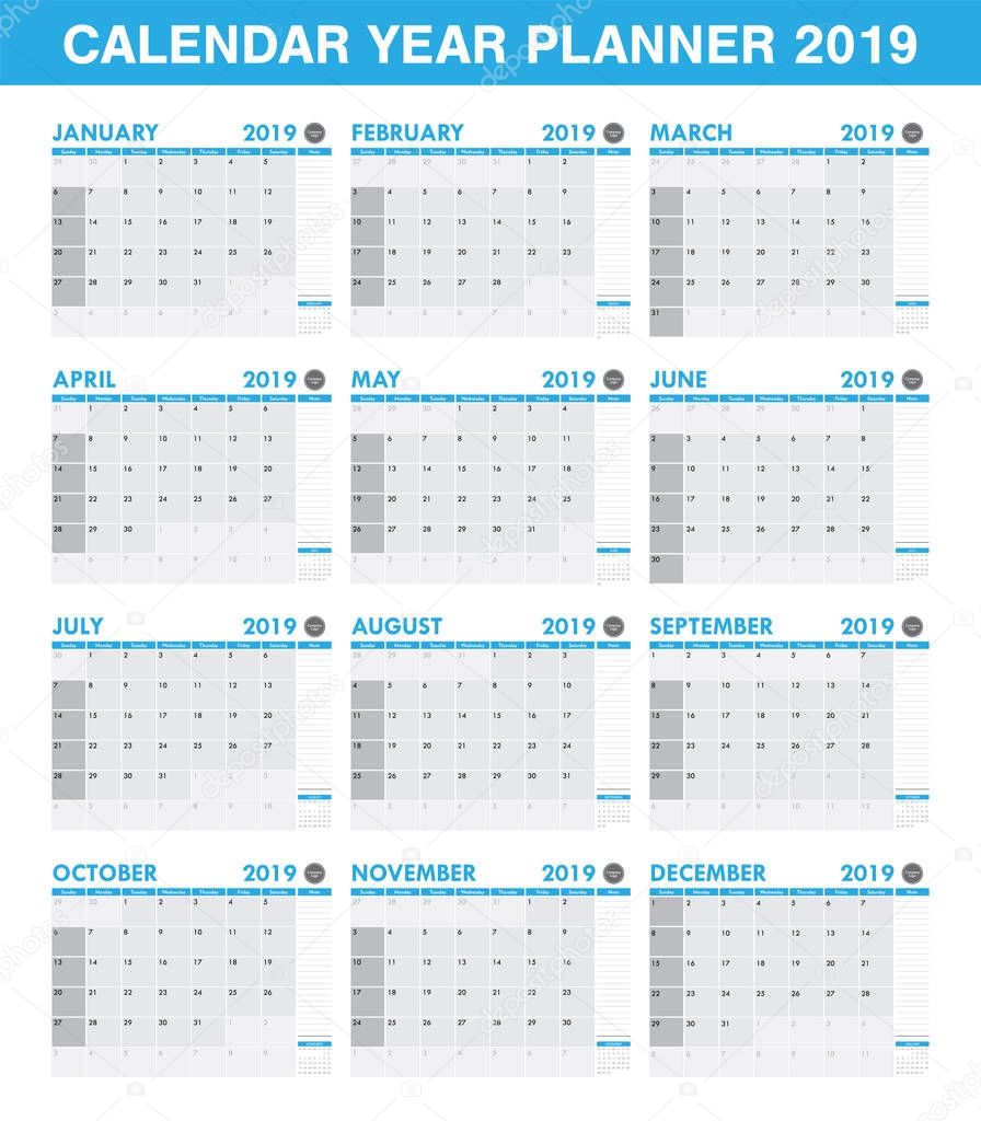 simple 2019 year planner calendar set of all month