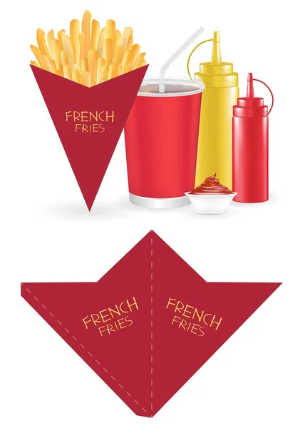 Francês Fritas Embalagem Caixa Die Cut Cone Forma — Vetor de Stock