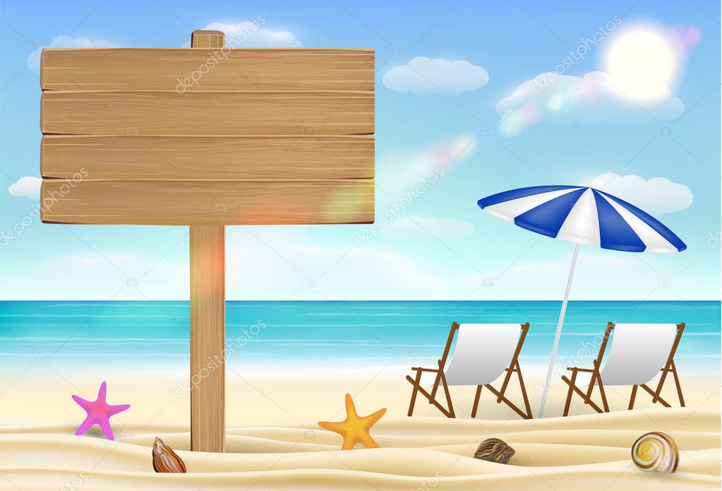 wood board sign on sea sand beach with relax chair