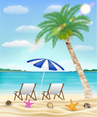 Hindistan cevizi ağacı ile deniz kum plaj sandalye relax