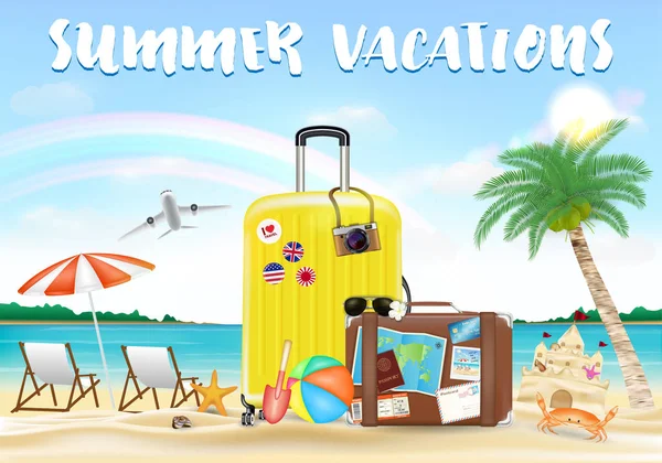 Літня Відпустка Дорожньою Сумкою Морському Піщаному Пляжі — стоковий вектор