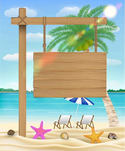 Hang Wood Board Sign Sea Beach Relax Chair — Stock Vector