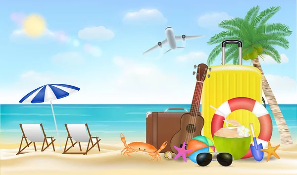 Vacaciones Verano Con Bolsa Viaje Playa Arena Mar — Vector de stock