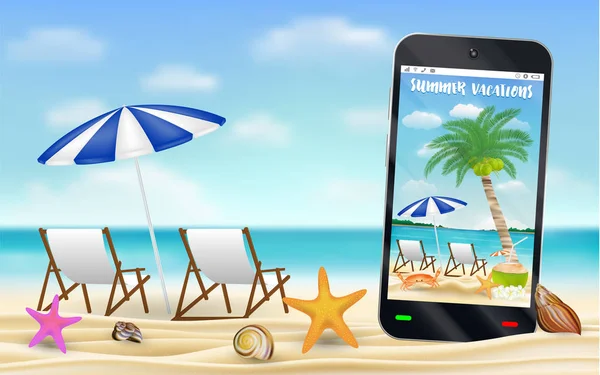 Smartphone Capture Photo Plage Avec Chaise Relax — Image vectorielle