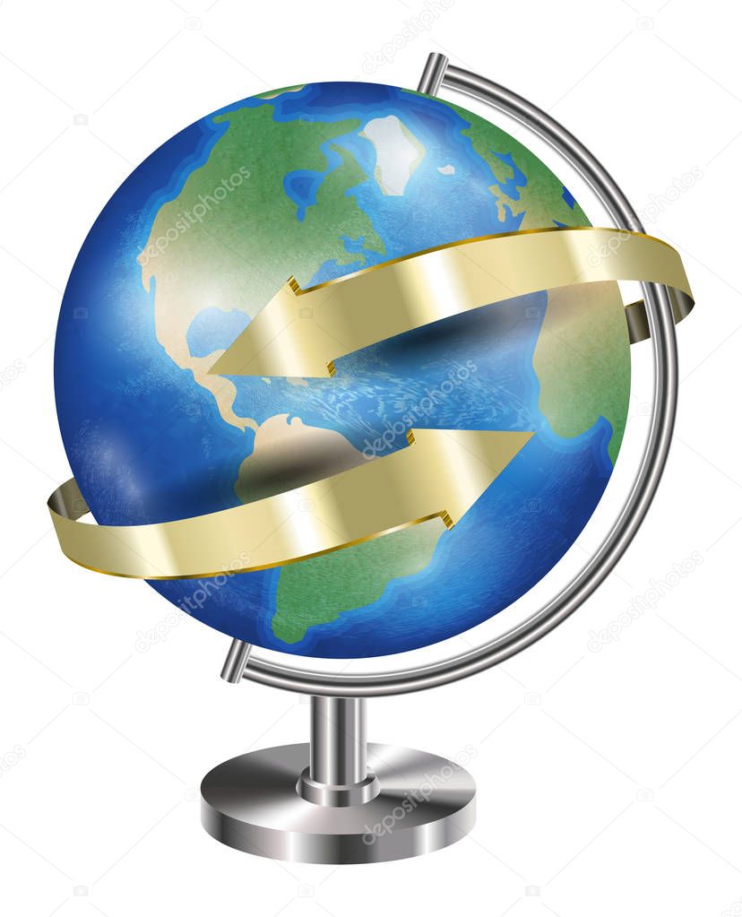 world earth planet globe with gold arrow around