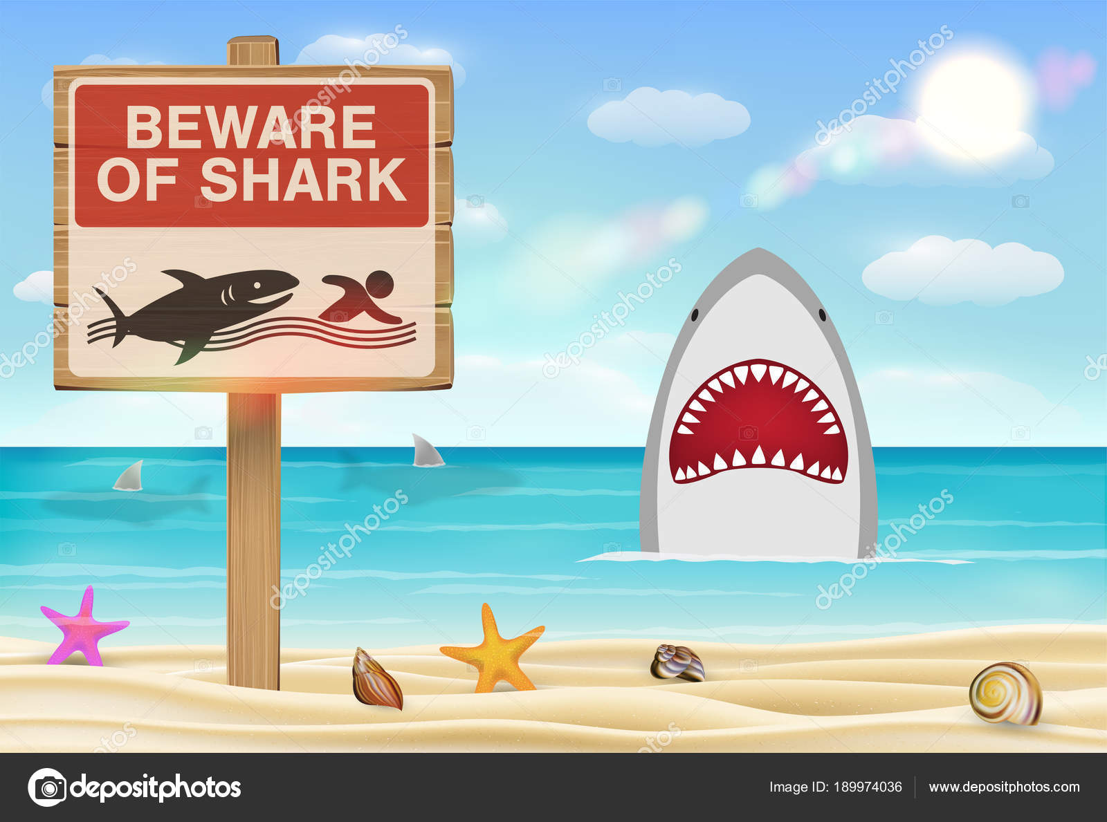 Beware Shark Sign Sea Sand Beach Stock Illustration by ©siiixth #189974036