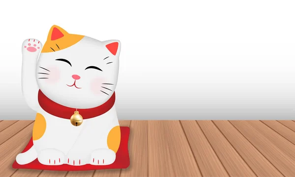 Giappone Maneki Neko Gatto Sul Pavimento Legno — Vettoriale Stock