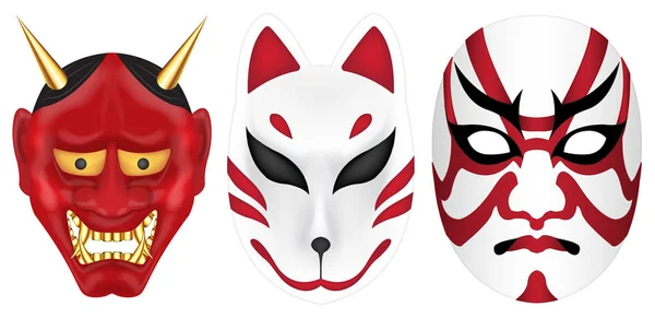Giappone Diavolo Volpe Kabuki Maschera Set — Vettoriale Stock