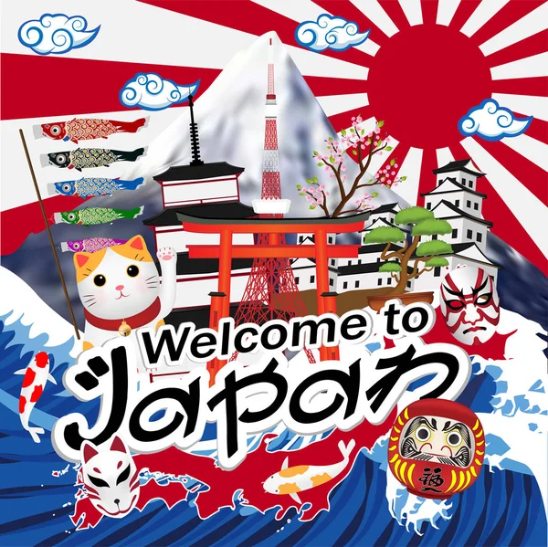 Selamat Datang Jepang Dengan Bendera Gelombang Matahari Objek Jepang - Stok Vektor