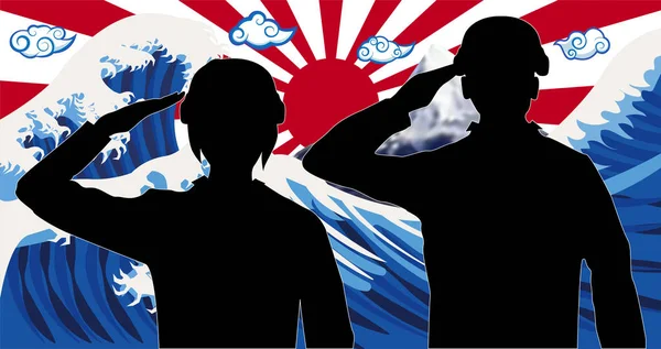 Silhouette Japan Soldat Med Våg Stigande Sol Flaggan — Stock vektor