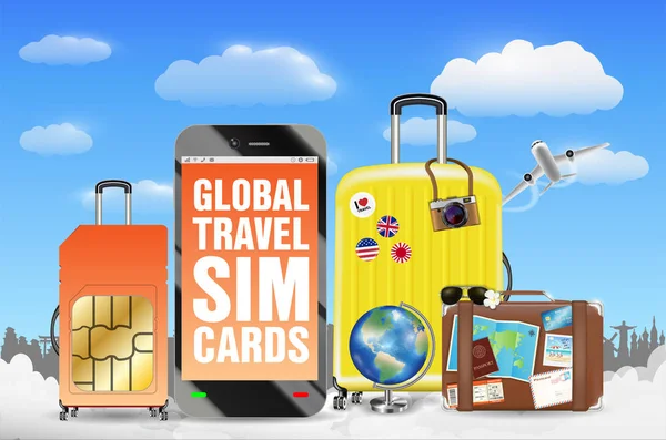 Smartphone Bolso Equipaje Tarjeta Sim Viaje Global — Vector de stock