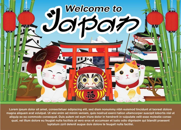 Bienvenido Japón Con Gato Maneki Muñeca Daruma — Archivo Imágenes Vectoriales