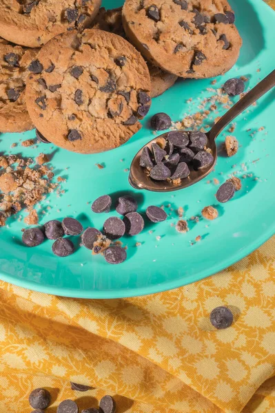 Biscotti Cioccolato Piatto Verde Tovaglie — Foto Stock