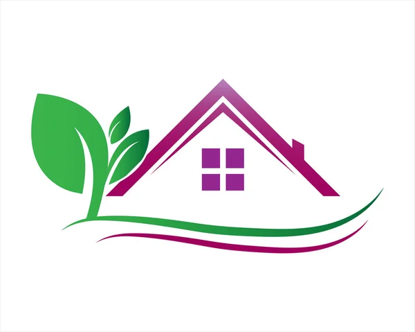 Mor çatı sembolü ve yeşil ağaç. Ürün logosu.