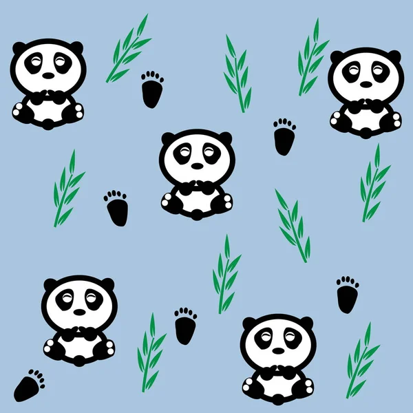 Cartoon panda isolated on blue background. Bamboo leaves. Footprints.