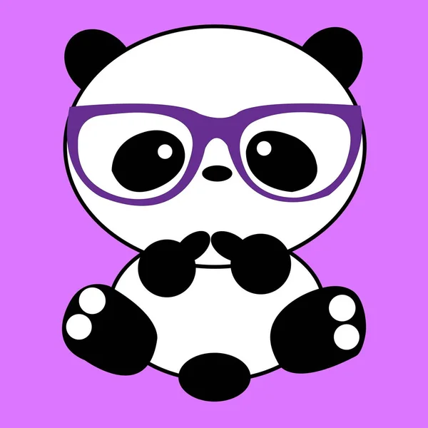 Black and white panda isolated on pink background. Purple frame glasses.