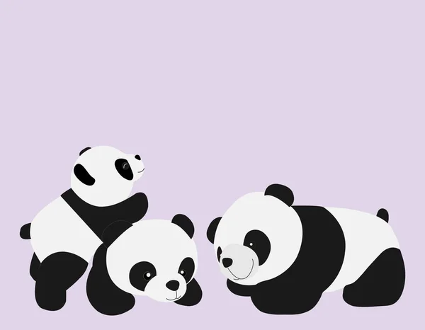Panda cub is climbing on the mother back and father back isolated on soft purple background.