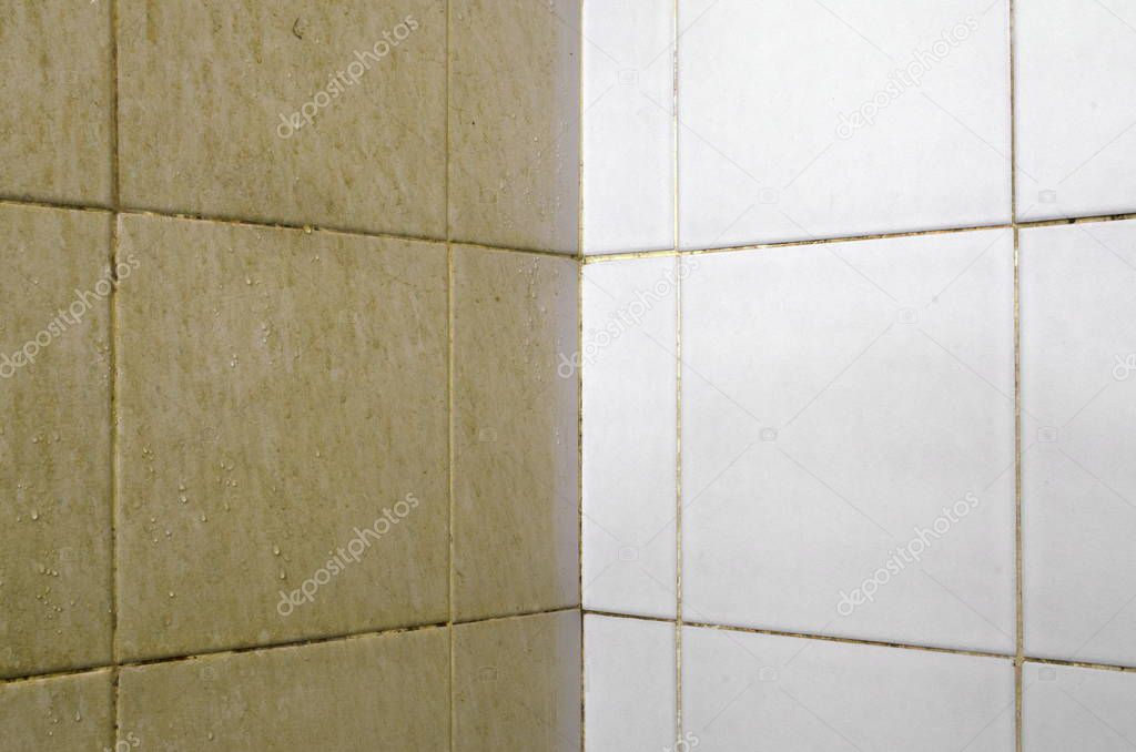 Compare stains with dirt on the bathroom wall tiles before and after cleaning.