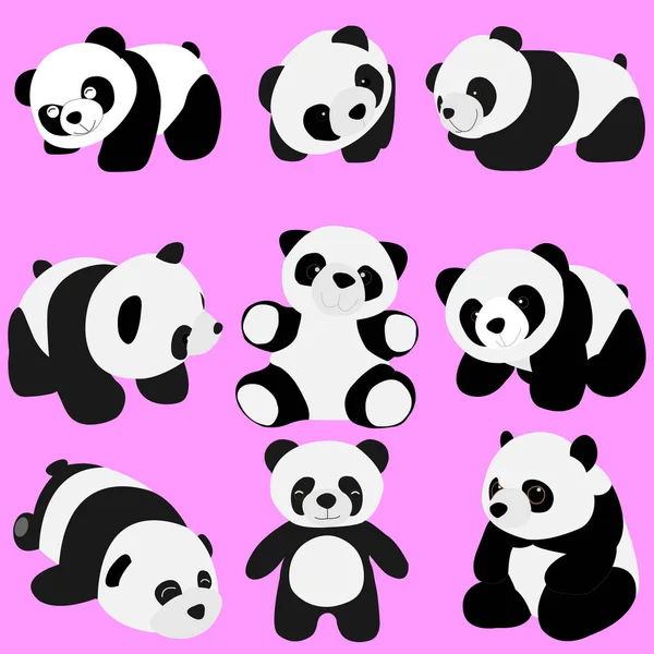 黑白相间的熊猫在许多姿势上都被粉色背景隔开了 — 图库照片