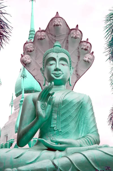 Estatuas de Buda de Oro y gran Pagoda en templo budista Wat Tham Khuha Sawan . — Foto de Stock