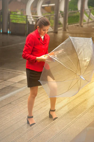 Thai bella donna in abito da ufficio rosso in possesso di ombrello trasparente . — Foto Stock