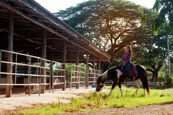 Jolie femme asiatique cow-girl chevauchant un cheval en plein air dans une ferme . — Photo