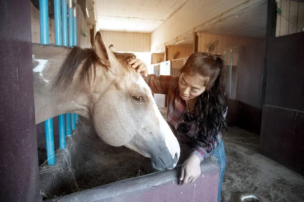 Mooie aziatische vrouw aaien paard in een boerderij. — Stockfoto