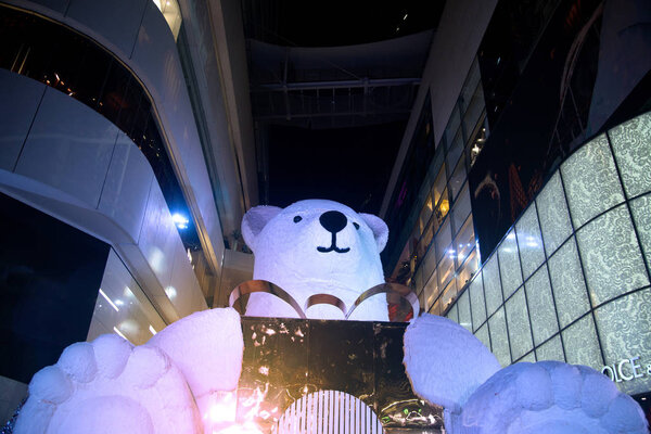 Bangkok , Thailand  December 18,2017 : Large outdoor white bear  statue and light decorate beautiful on Christmas Tree Celebration 2018 at Emquartier Department store for Christmas day and Happy New Year  event on December 18 ,2017 in Bangkok  city.