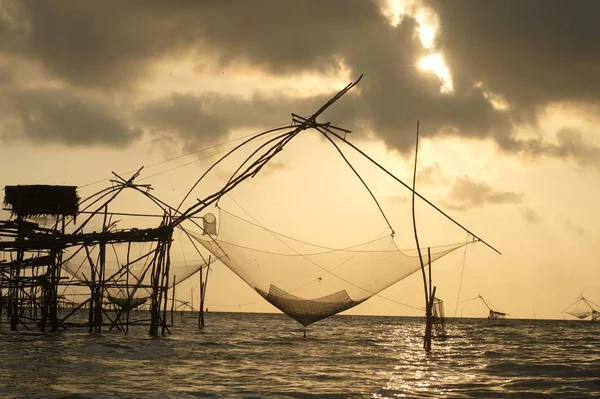 Twilight View Square Dip Net Made Bamboo Sunset Time Ban — Stock Photo, Image