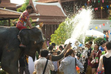 Şakacı su eğlenceli ve mutluluk su sırasında Tayland Songkran Festivali sıçramasına fil.