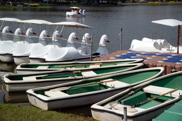 Outdoor green rowboat and white swan boats Style for relaxation — Stock Photo, Image