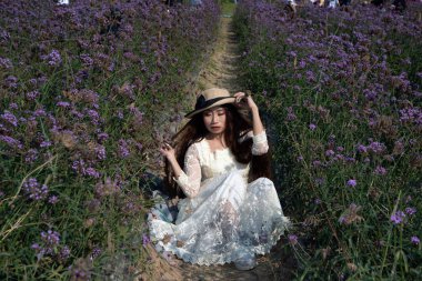 Asyalı güzel bir kadın Verbina Bonariensis çiçek bahçesinde oturuyor ve farklı jestlerle eğleniyor.. 