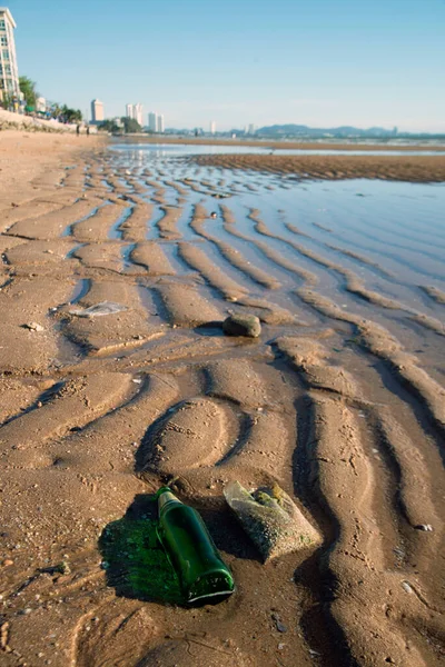 Discarded Transparent Bottle Beach Shows Pollution Seas Garbage — Stock Photo, Image