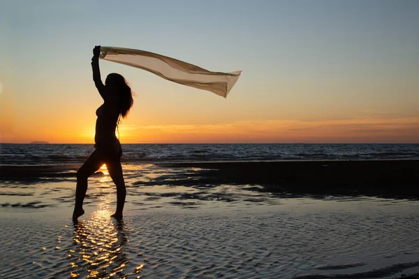 Silhoutte Pretty Senior Asian Female Swimming Suit Standing Flaunt Yellow — Stock fotografie