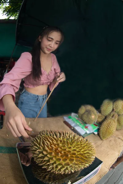 Asyalı Güzel Bayan Satıcı Durian Olgun Meyvelerini Toplamak Için Bambu — Stok fotoğraf