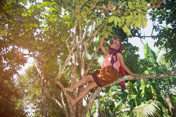 Starsza Azjatka Pozowała Słodkiej Gałęzi Longkong Drzewa Ogrodowego Szczęściem — Zdjęcie stockowe