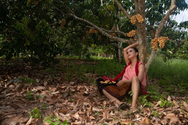 Старшая Азиатская Женщина Позирует Сидит Релаксации Деревом Лонгконг Саду Счастьем — стоковое фото