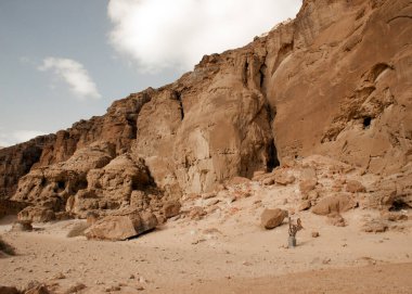 Timna Parkı, İsrail - Aralık 2019. Öğleden sonra güneşli bir günde Eilat yakınlarındaki çöl manzarası kayayla kaplı..
