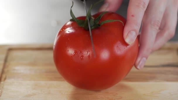 Chef corta tomates para fazer salada de legumes frescos prato vegetal Vídeo De Stock Royalty-Free